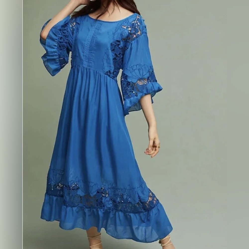 Blue Boho Lace Midi Prairie Dress Anthropologie Size Small Romantic Cottagecore